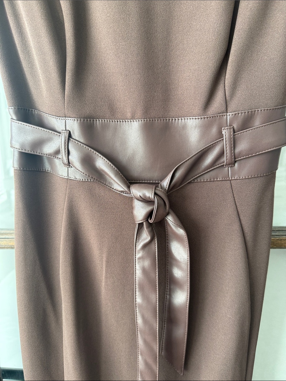 Calvin Klein Chocolate Brown Midi Sheath Dress with Faux-Leather Tie - Picture 8 of 12